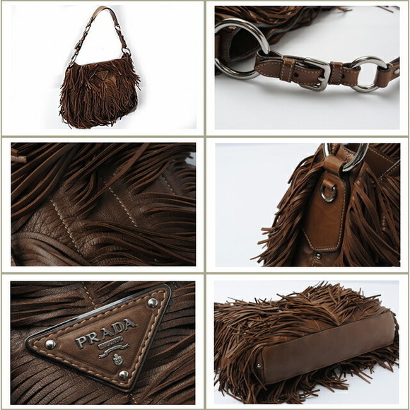 Prada Shoulder Bag Fringe Studded Lambskin Bag Brown - Picture 2 of 3